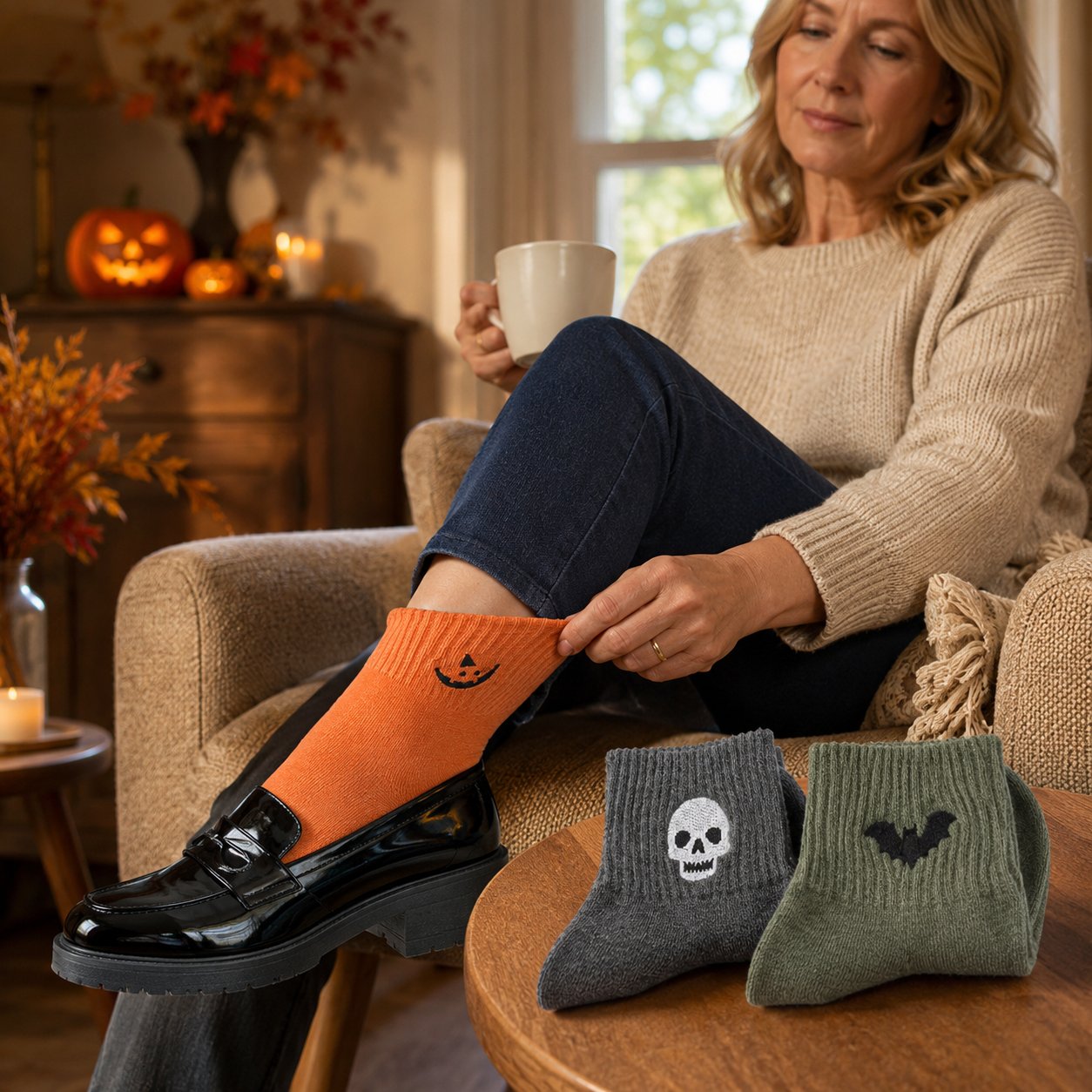 🎃 Populära broderade halloweensockor – söta, läskiga stickade sockor | 100 % bomull✨