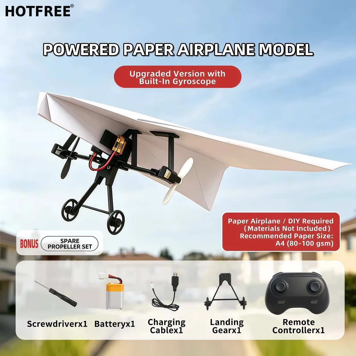 Hotfree Power-Up RC-pappersflygplanssats med gyrostabilisator – bygg-själv-flygplan med fjärrstyrning och dubbla propellrar, lätt och hopfällbart flygande STEM-leksak