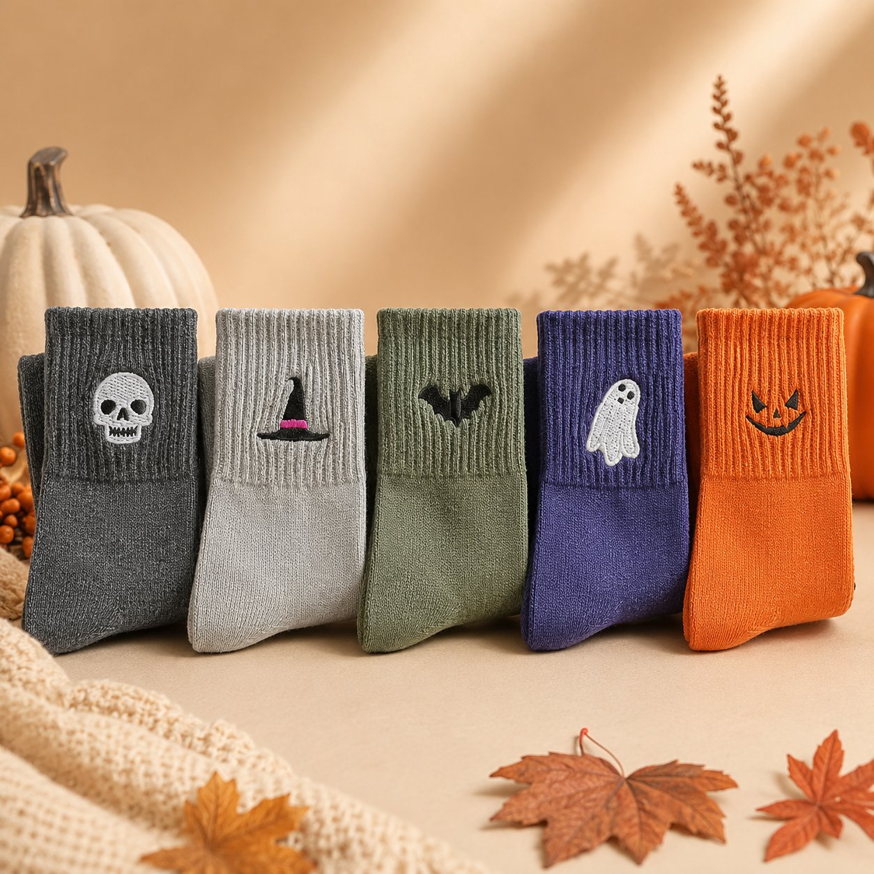 🎃 Populära broderade halloweensockor – söta, läskiga stickade sockor | 100 % bomull✨