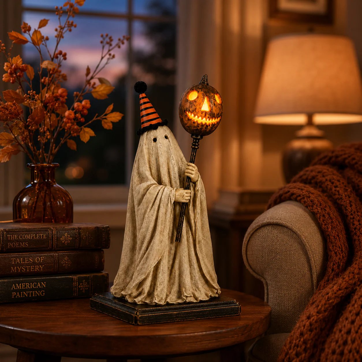 Summerween-rea 50 % rabatt – Upplyst vintage-spökfigur med en lysande pumpastav