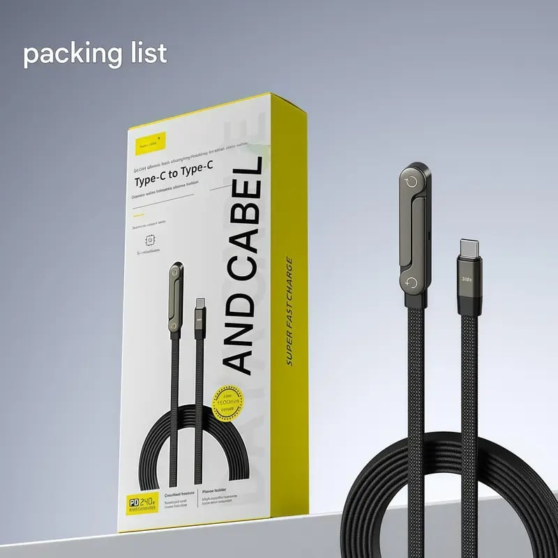 ⚡⚡240 W snabbladdningskabel med integrerat, osynligt stativ — inbyggd telefonhållare