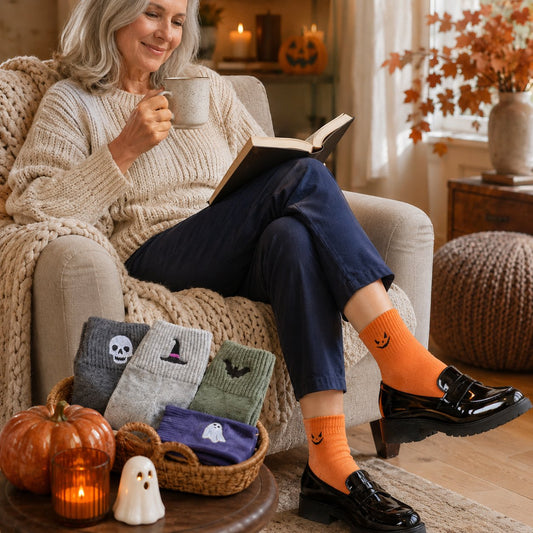 🎃 Populära broderade halloweensockor – söta, läskiga stickade sockor | 100 % bomull✨