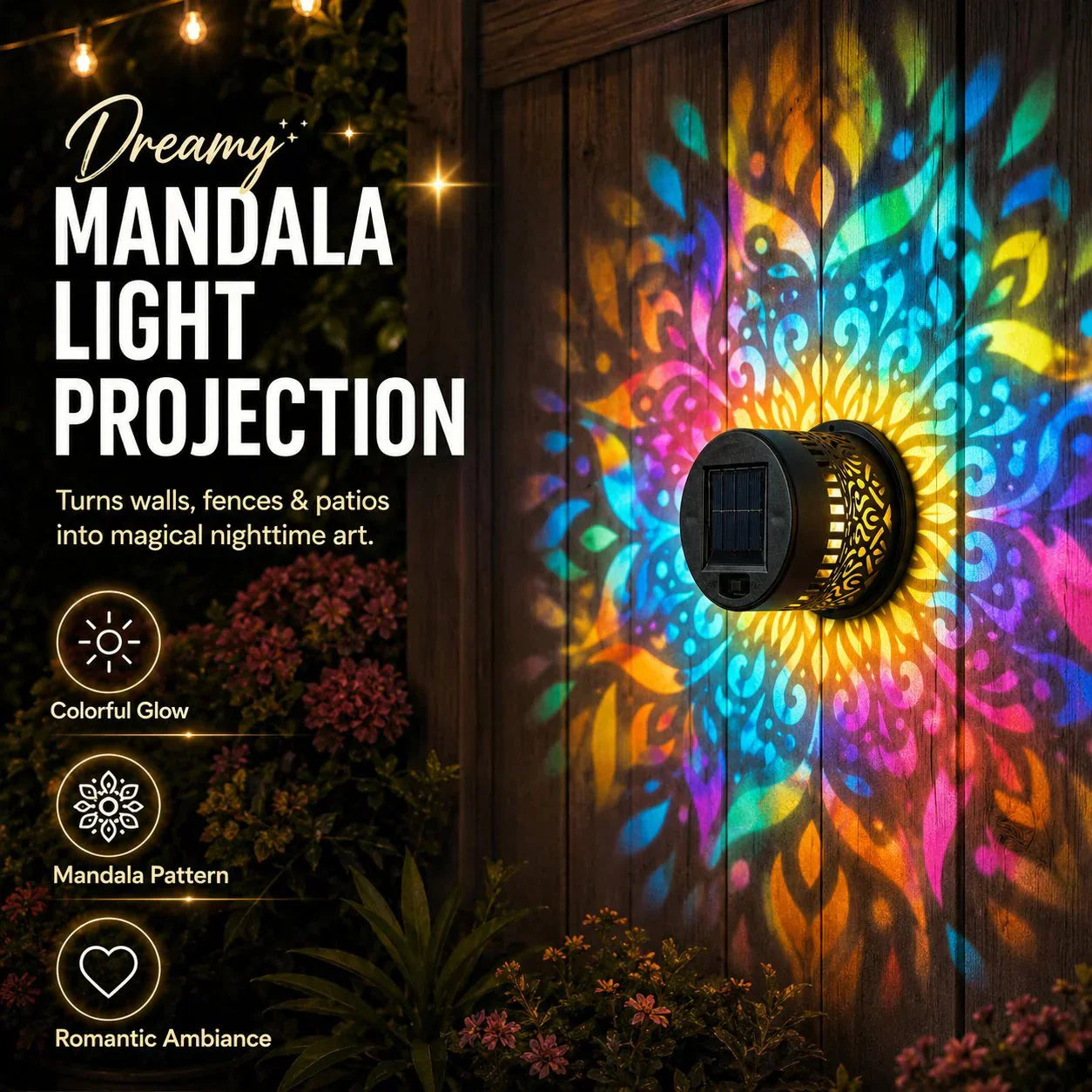 💡Solcellsdriven mandala-vägglampa för utomhusbruk – projektorlampa för trädgårdsstaket och uteplats – stämningsfull inredning