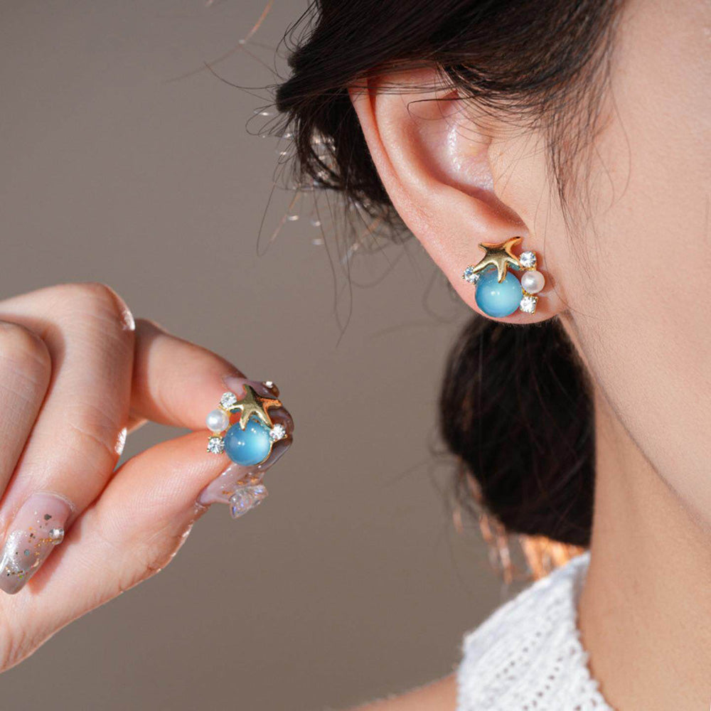 Ocean Vibes-örhängen med sjöstjärnor – örhängen med blå cabochoner och pärlor