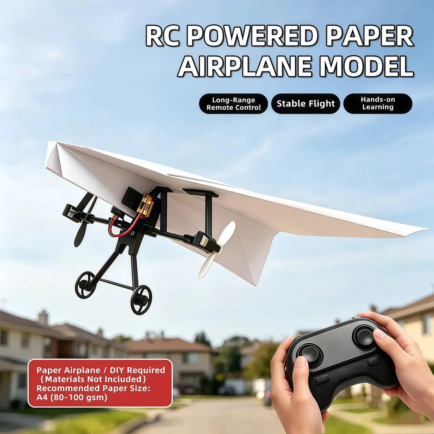 Hotfree Power-Up RC-pappersflygplanssats med gyrostabilisator – bygg-själv-flygplan med fjärrstyrning och dubbla propellrar, lätt och hopfällbart flygande STEM-leksak