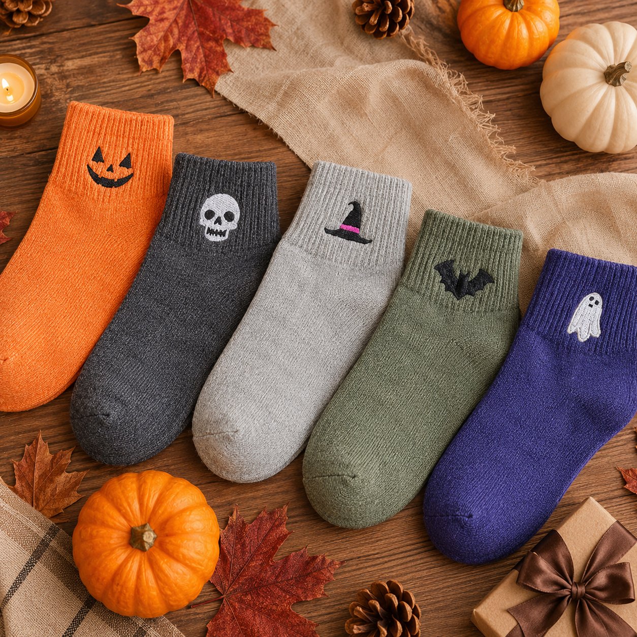 🎃 Populära broderade halloweensockor – söta, läskiga stickade sockor | 100 % bomull✨