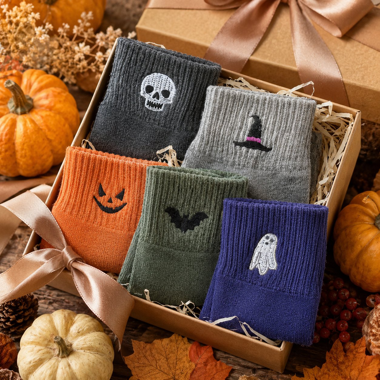 🎃 Populära broderade halloweensockor – söta, läskiga stickade sockor | 100 % bomull✨
