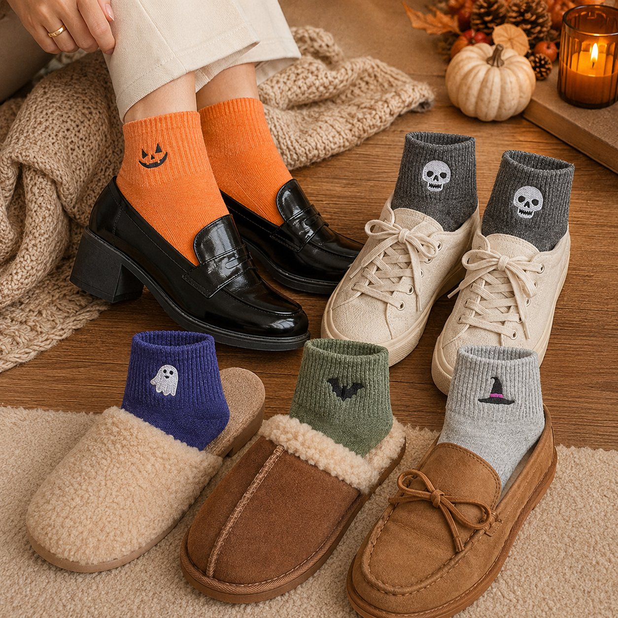 🎃 Populära broderade halloweensockor – söta, läskiga stickade sockor | 100 % bomull✨