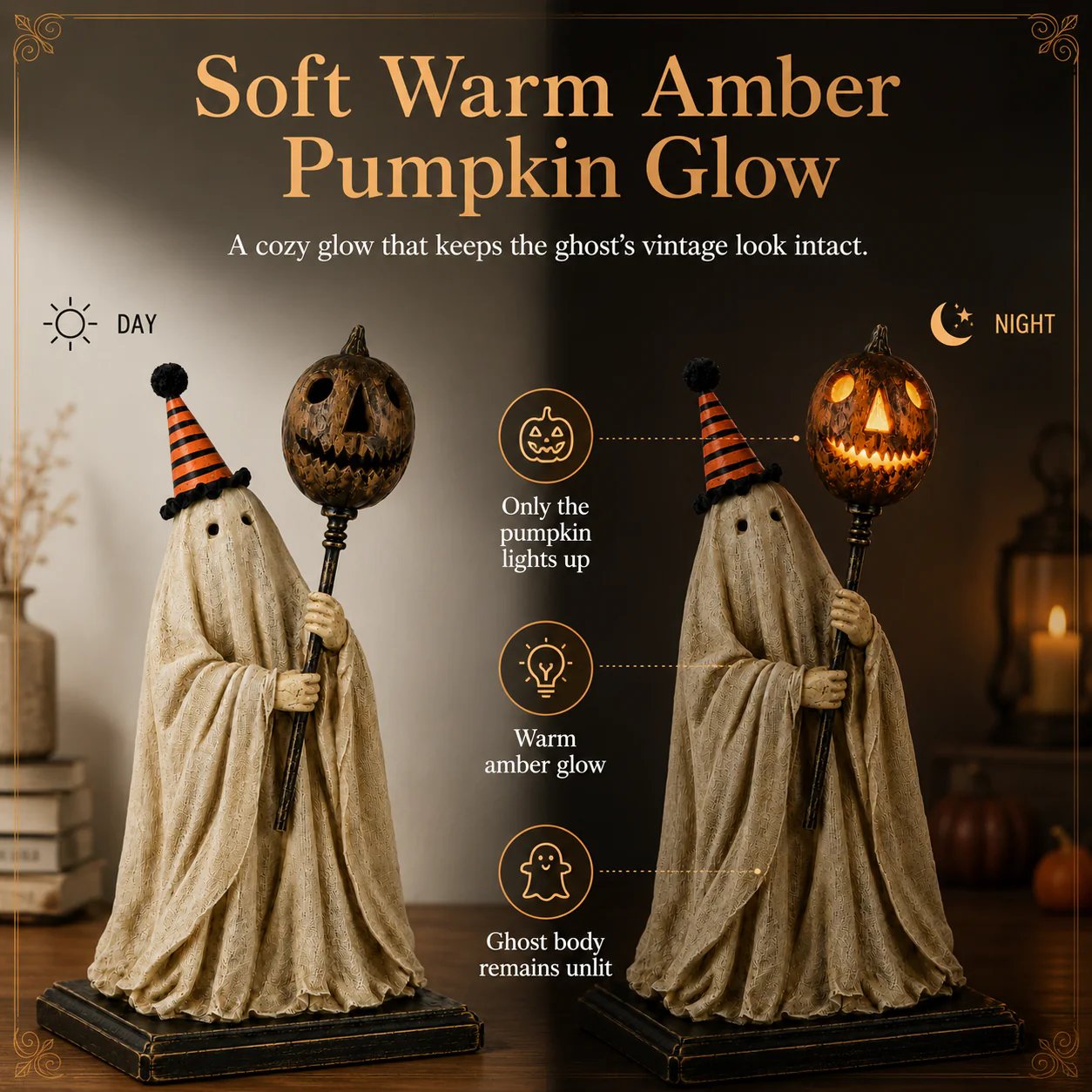 Summerween-rea 50 % rabatt – Upplyst vintage-spökfigur med en lysande pumpastav